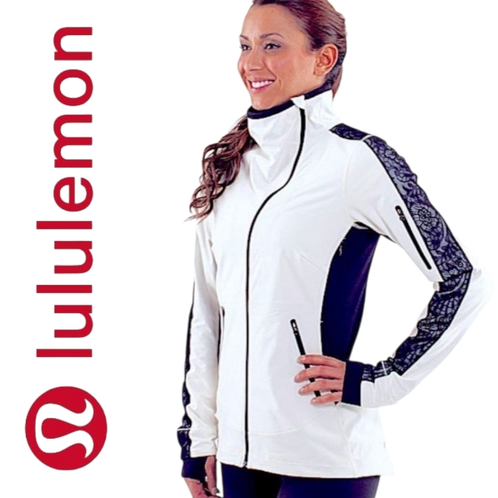 🏷LULULEMON $198 White Cream  Black Lace Run Draft Dodger Jacket Size 8 EUC RARE